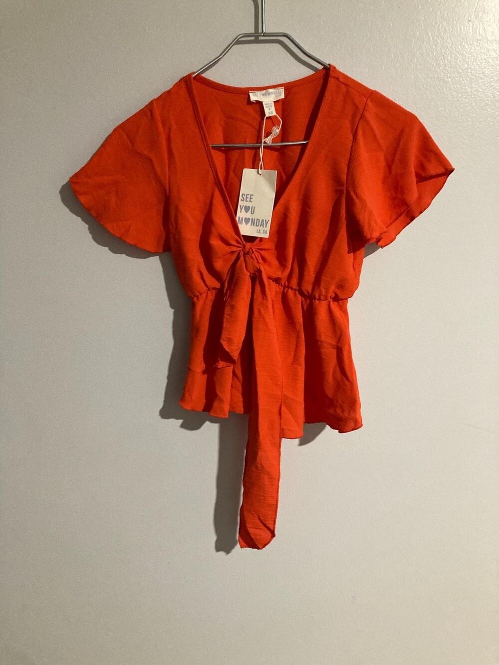 SEE YOU MONDAY Blouse Womens XS Orange Cropped V-Neck Flutter Sleeve Tie
